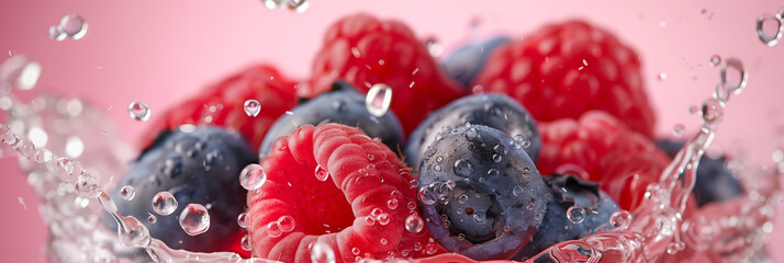 Cluster of vibrant raspberries and blueberries are caught mid-splash, surrounded by sparkling...