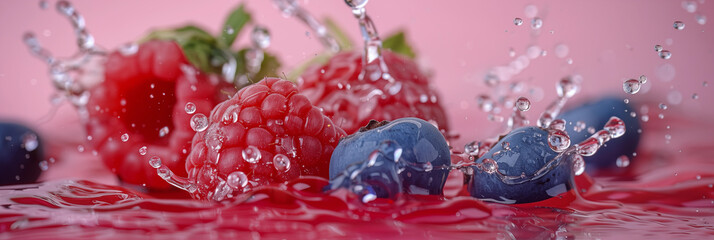 Cluster of vibrant raspberries and blueberries are caught mid-splash, surrounded by sparkling...