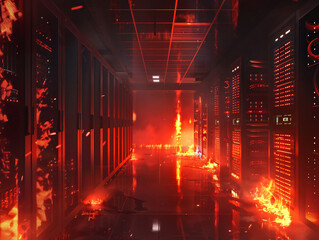 Burning room with servers. AI generated. 
