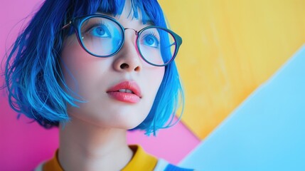 Asian woman with blue hair and glasses looking up. The image has a bright and colorful feel to it, with the pink, blue and yellow background adding a pop of color.