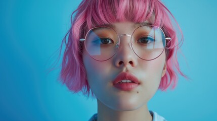 Asian woman with pink hair and pink glasses. The image has a bright and cheerful mood.