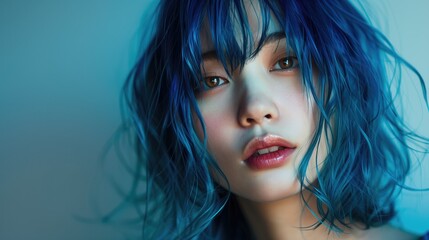 Asian woman with blue hair and blue eyes is looking at camera. The image has a bright and cheerful mood.