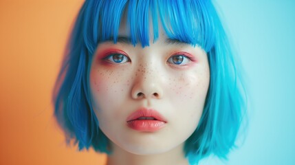 Asian woman with blue hair and blue eyes is wearing makeup. She has a blue and orange background.