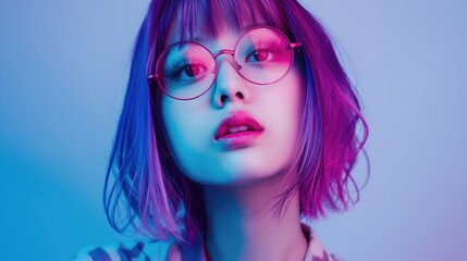 Asian woman with purple hair and glasses is looking at the camera. The image has a vibrant and colorful mood, with the blue background and the purple hair of the woman.