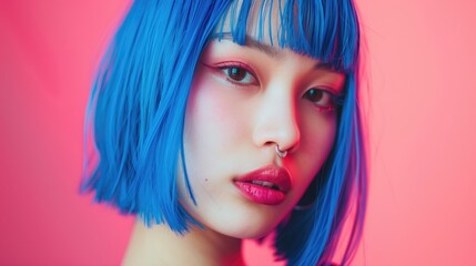 Asian woman with blue hair in a pink background looking at camera. She has a nose ring and is wearing a pink lipstick.