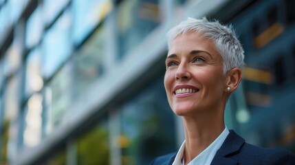 A woman with short hair and a business suit is smiling and looking up at the sky. Concept of confidence and positivity.