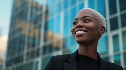 Black businesswoman with short blonde hair is smiling and looking up at the sky. She is wearing a black jacket and she is happy and proud.