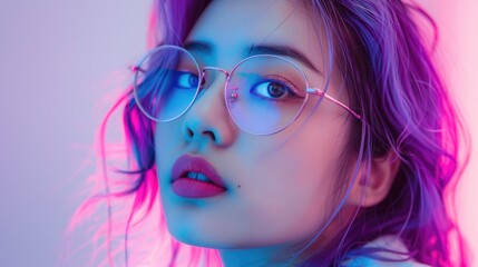 Asian woman with purple hair and glasses is looking at the camera. The image has a bright and colorful feel to it, with the purple hair and the pink lipstick adding to the overall mood.