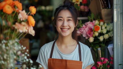Asian woman with an apron is smiling at the camera at flower shop. She is standing in front of a flower shop with a variety of flowers on display. Small business.