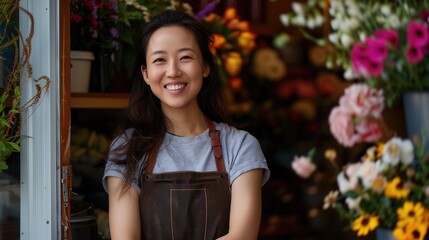 Asian woman in an apron stands in front of a flower shop. She is smiling and she is happy. Small business.