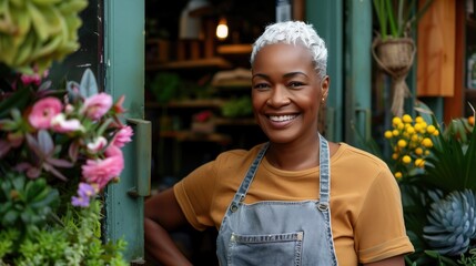 Black woman with a flower shop apron is smiling and posing for a picture. The shop is filled with various plants and flowers, including a large bouquet of pink flowers. Small business.