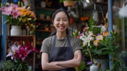 Asian woman stands in front of a flower shop with a smile on her face. She is wearing an apron and has her arms crossed. The shop is filled with various types of flowers. Small business.