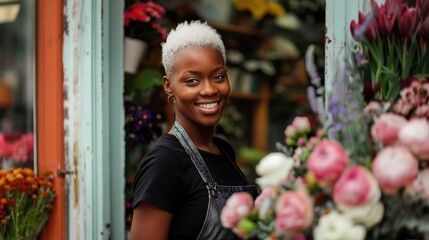 Black woman with short hair stands in front of a flower shop door. She is smiling and proud of her small business florist.