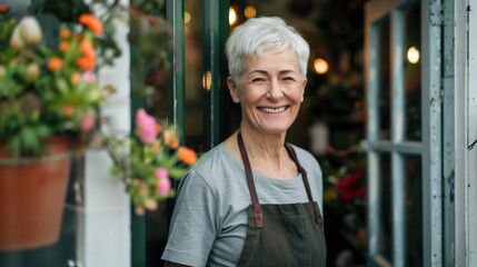 A woman with a smile on her face stands in front of a flower shop. She is wearing apron and a shirt.