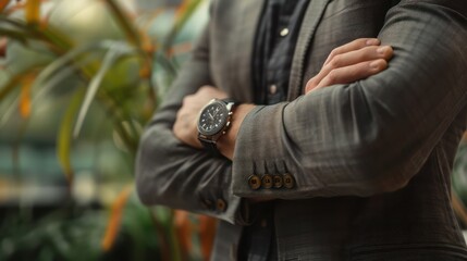A businessman in a sleek suit sports a designer watch amidst a natural background