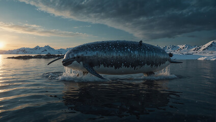 Narwhal close view on sea  - obrazy, fototapety, plakaty
