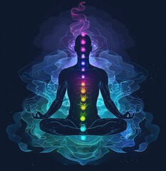 A human figure in lotus pose with chakras glowing, surrounded by auralike energy waves emanating.