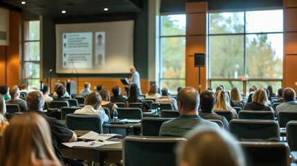 Instructor leading a lecture in a modern classroom with participants taking notes during a training session