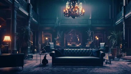 Abandoned Asylum with Eerie Lights, Haunted Mansion Interior with Creaky Doors, Hotel Lobby with Flickering Lights, Halloween holiday background 4k High-Quality animation video