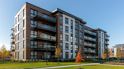 A modern multi-story apartment complex with clean lines and a mix of wooden and metallic exteriors