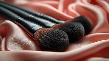 A close-up of a makeup brush on a pink satin fabric, emphasizing the texture and softness of each brush, and soft lighting creates delicate shadows that enhance their appearance.
