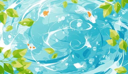 Naklejka premium A background of light blue and white swirls with green leaves, goldfish swimming in the water, Japanese