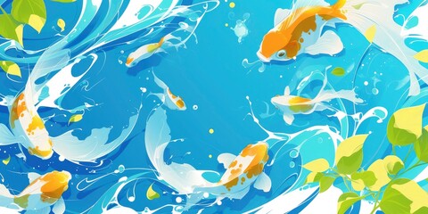 Naklejka premium A background of light blue and white swirls with green leaves, goldfish swimming in the water, Japanese