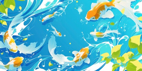 A background of light blue and white swirls with green leaves, goldfish swimming in the water, Japanese