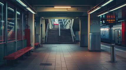 a desolate train station platform at night, with dim lighting adding to the sense of abandonment and stillness