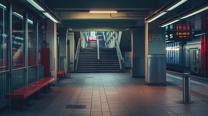 a desolate train station platform at night, with dim lighting adding to the sense of abandonment and stillness - Powered by Adobe