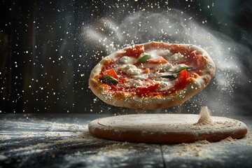 flying pizza dough with flour scattering