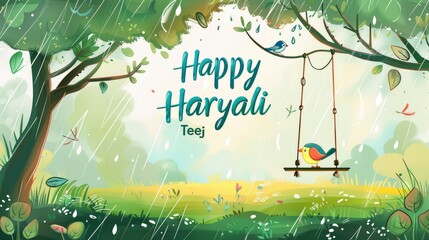 A cute cartoon background of green grass, trees and birds with the text Happy Hariyali Teej