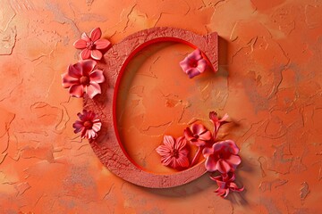 3D Render Letter C with Engraved Flowers on Orange Background