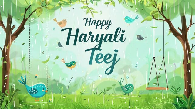 A cute cartoon background of green grass, trees and birds with the text Happy Hariyali Teej
