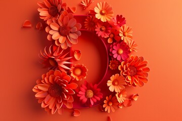 3D Render Letter D with Engraved Flowers on Orange Background