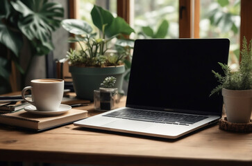 Fototapeta premium Private Workspace Setup Featuring a Laptop, Coffee Cup, and Lush Indoor Plants on a Wooden Table by a Window