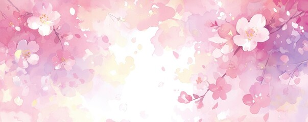 Fototapeta premium A watercolor background with cherry blossoms and petals in shades of pink, purple, red, yellow, and white.