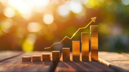 A conceptual image showing golden bars on a wooden table with a golden rising arrow indicating financial growth and investment success - Powered by Adobe