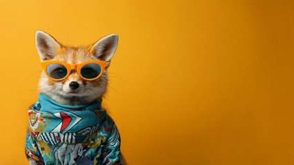 Süßer kleiner Mischling Hund mit Kleidung und Sonnenbrille schaut in die Kamera als Cartoon Poster