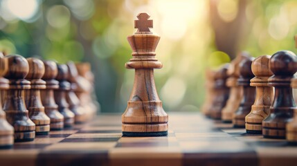 A strategically focused image of a king chess piece prominently in the lead on a chessboard symbolizing leadership and strategy in a game or metaphorically in life - Powered by Adobe
