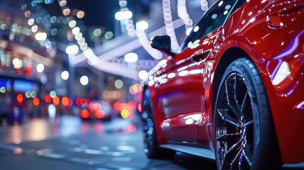 An energetic nocturnal city scene with a glossy red sports car under vibrant street lights, reflecting affluence - Powered by Adobe