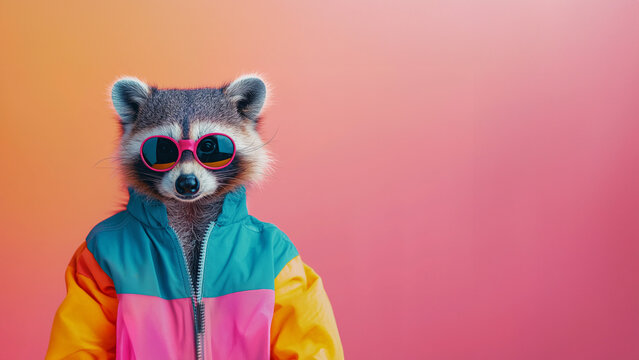 S&uuml;&szlig;er kleiner Waschb&auml;r mit Kleidung und Sonnenbrille schaut in die Kamera als Cartoon Poster