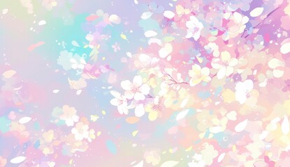 Cute pastel background with cherry blossom petals, blurcolor, pastel colors, lots of pink and yellow and blue and green and white.