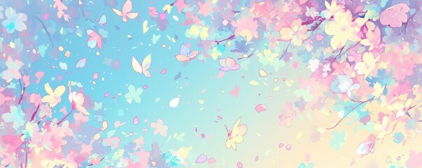 Cute pastel background with cherry blossom petals, blurcolor, pastel colors, lots of pink and yellow and blue and green and white.