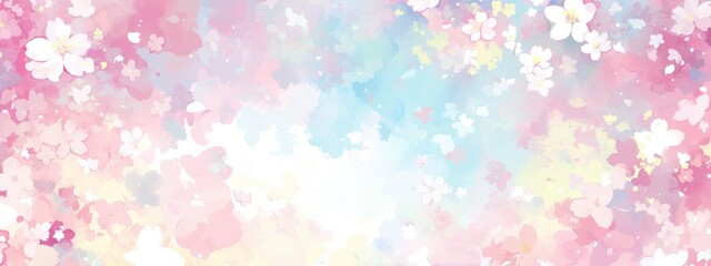 Cute pastel background with cherry blossom petals, blurcolor, pastel colors, lots of pink and yellow and blue and green and white.