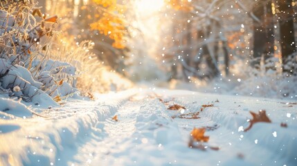 A tranquil winter scene featuring a snow-laden path with fallen leaves, illuminated by a warm, golden sunlight