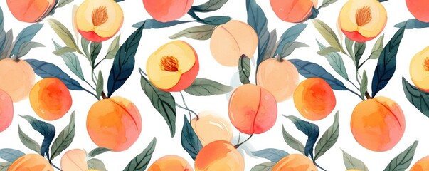 peaches and leaves pattern, white background, watercolor.