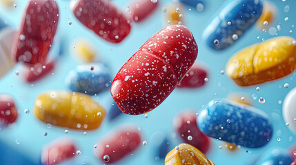 Colored tablets and capsules float in the air on a blue background.