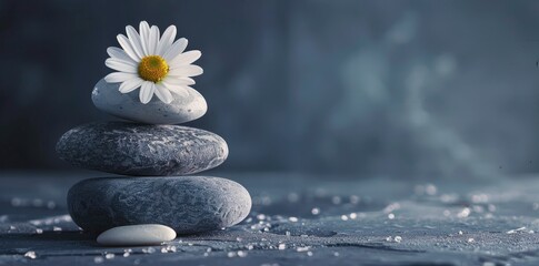 zen stones and a white flower on a grey background.