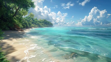 beautiful nature green palm leaf on tropical beach with bokeh sunlight wave background wallpaper